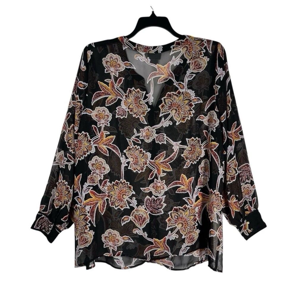 Liz Claiborne 2X Blouse Black Long Sleeve Floral Sheer Tunic Top Career Boho - Picture 4 of 8